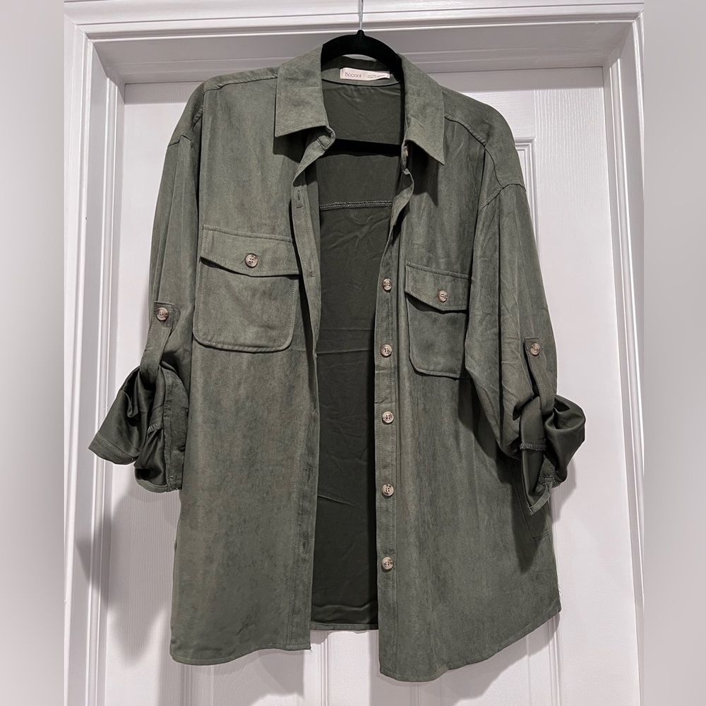 Suede like army green button down